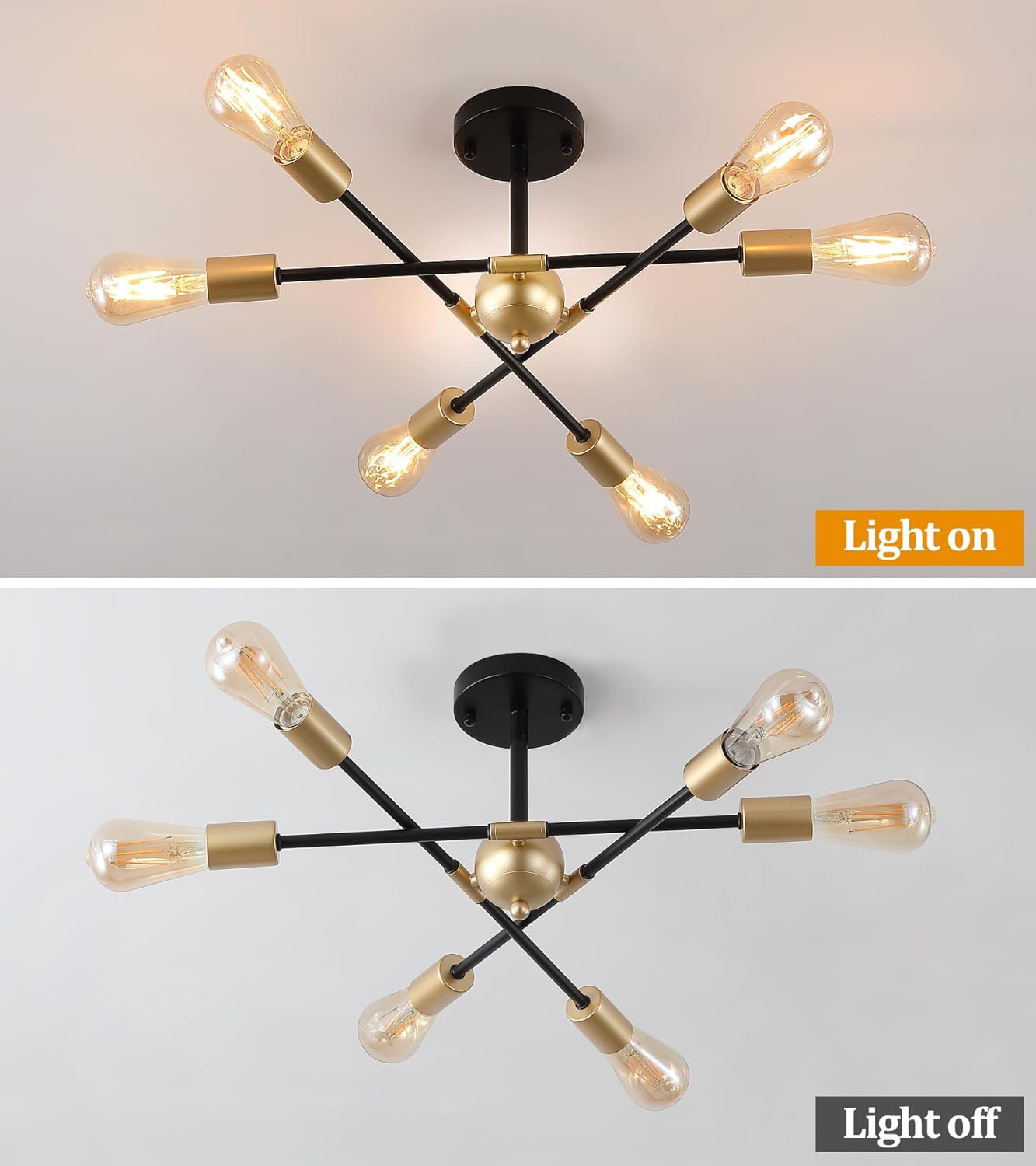 MEIXISUE Modern Semi Flush Mount Ceiling Light Fixture Black and Gold Close to Ceiling Light 6-Light Sputnik Chandelier Light Fixture for Hallway Entryway Bedroom Kitchen Dining Room UL Listed