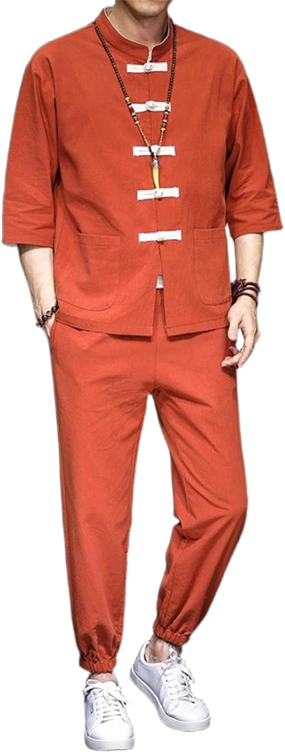 Men's Chinese Style Summer Set Vintage Cotton Linen Cardigan Mandarin Collar Tang Suit 2 Piece