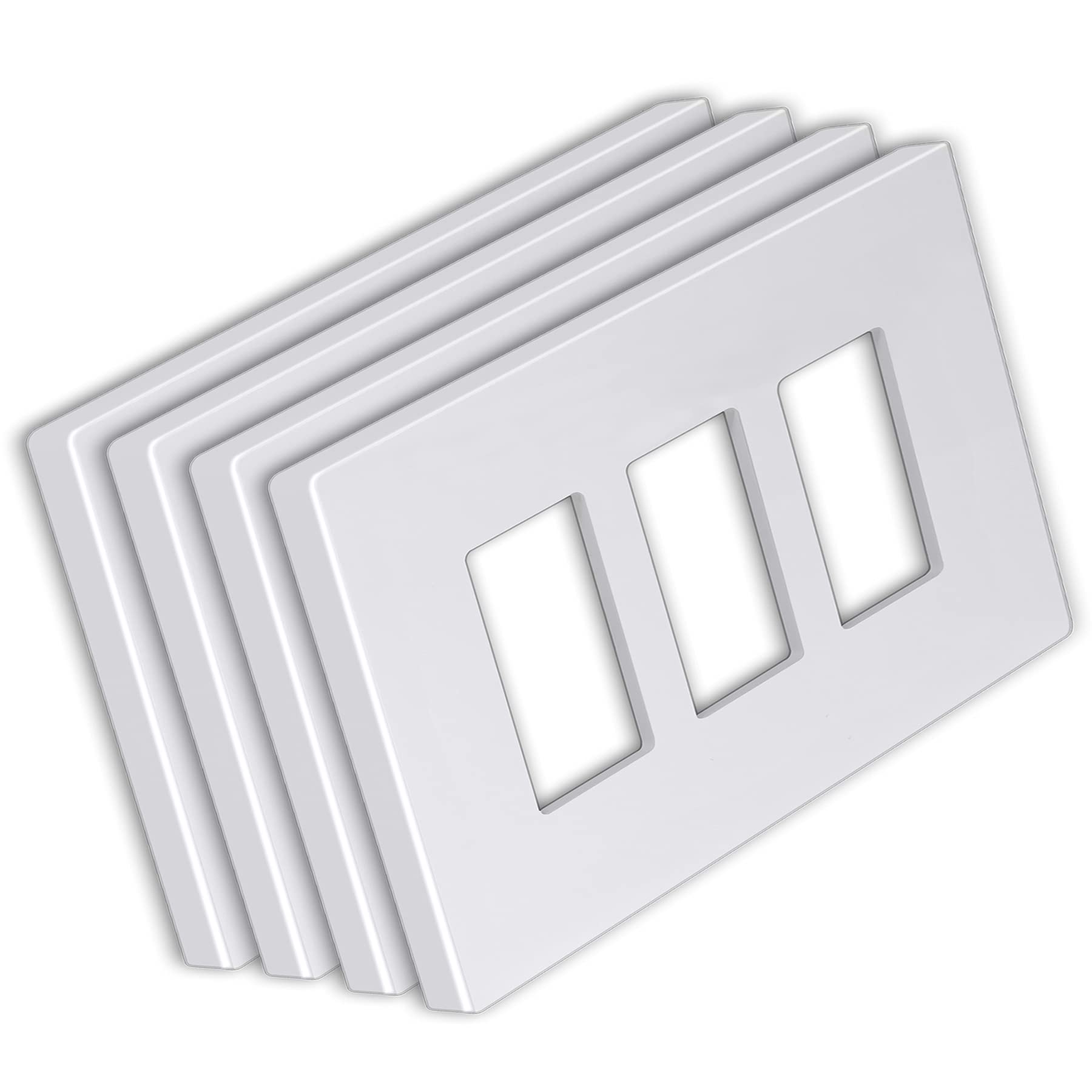 [4 Pack] BESTTEN 3-Gang Modern Designer Mid Size Screwless Wall Plate, USWP6 Gloss Snow White Series, Unbreakable Midway Outlet Cover, Impact Resistant Switch Plate, H4.88” x W6.74”