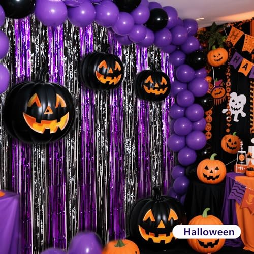 Image of BEISHIDA Black Purple Door Streamers Backdrop Foil Fringe Tinsel Party Streamers Curtains Photo Backdrop - 2Pcs for Birthday Graduation Halloween Party Decoations