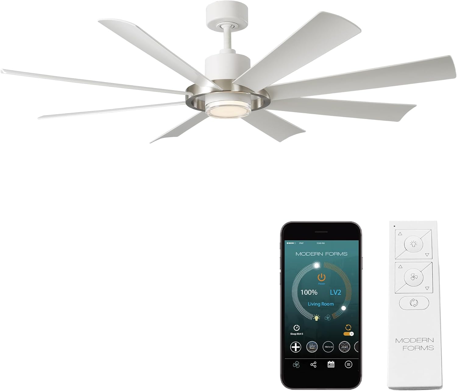 Modern Forms Aura Indoor and Outdoor 8-Blade 60in Smart Ceiling Fan in Matte White Brushed Nickel Ring with 2700K-3000K-4000K-5000K Selectable LED Light Kit and Remote Control works App