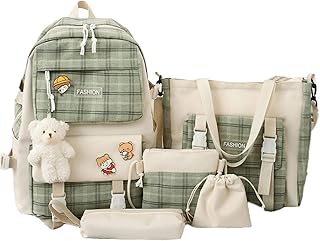 Mordelar 5Pcs Canvas School Backpack Combo Set with Kawaii Bear Pendant Cute Pins Plaid Check Handle Shoulder Tote Bag Schoolbag (Green)