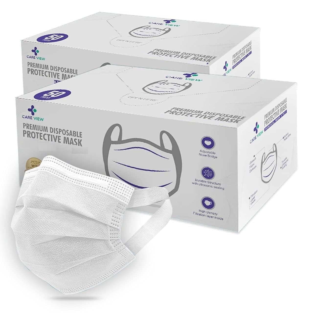 Careview N95 3 Ply Disposable Surgical Face Mask Box with FABRIC Earloop and built in Nose Pin, Certified by BFE>99% and PFE > 95%, SITRA, DRDO, ISO and CE (Pack of 100, WHITE), Unisex, Without Valve