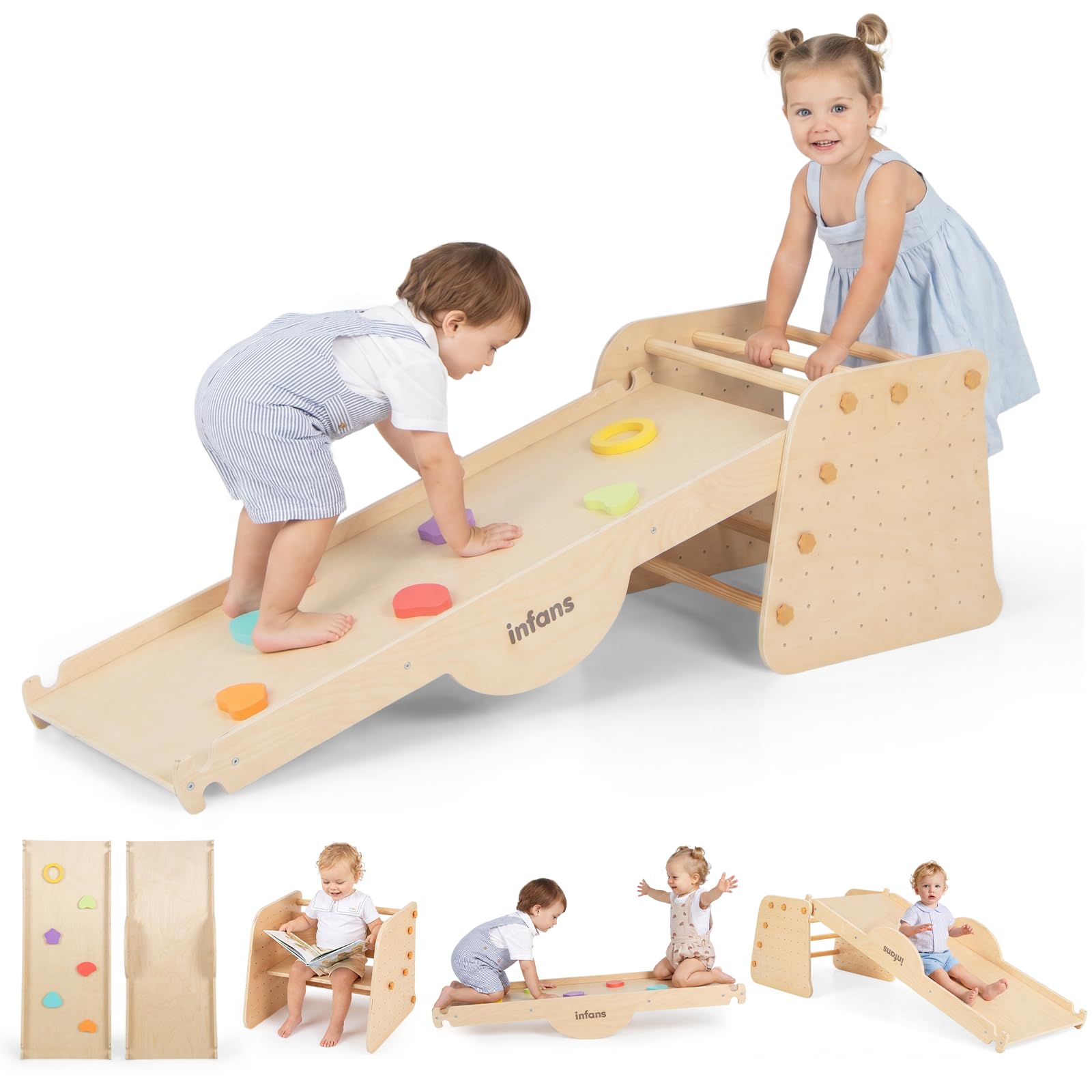 INFANS 7 in 1 Climbing Toys for Toddlers, Upgrade Wooden Montessori Cube Climber Set with Reversible Ramp Slide Ladder Seesaw, Indoor Pikler Climb Activity Jungle Gym Present for Kids Age 3+