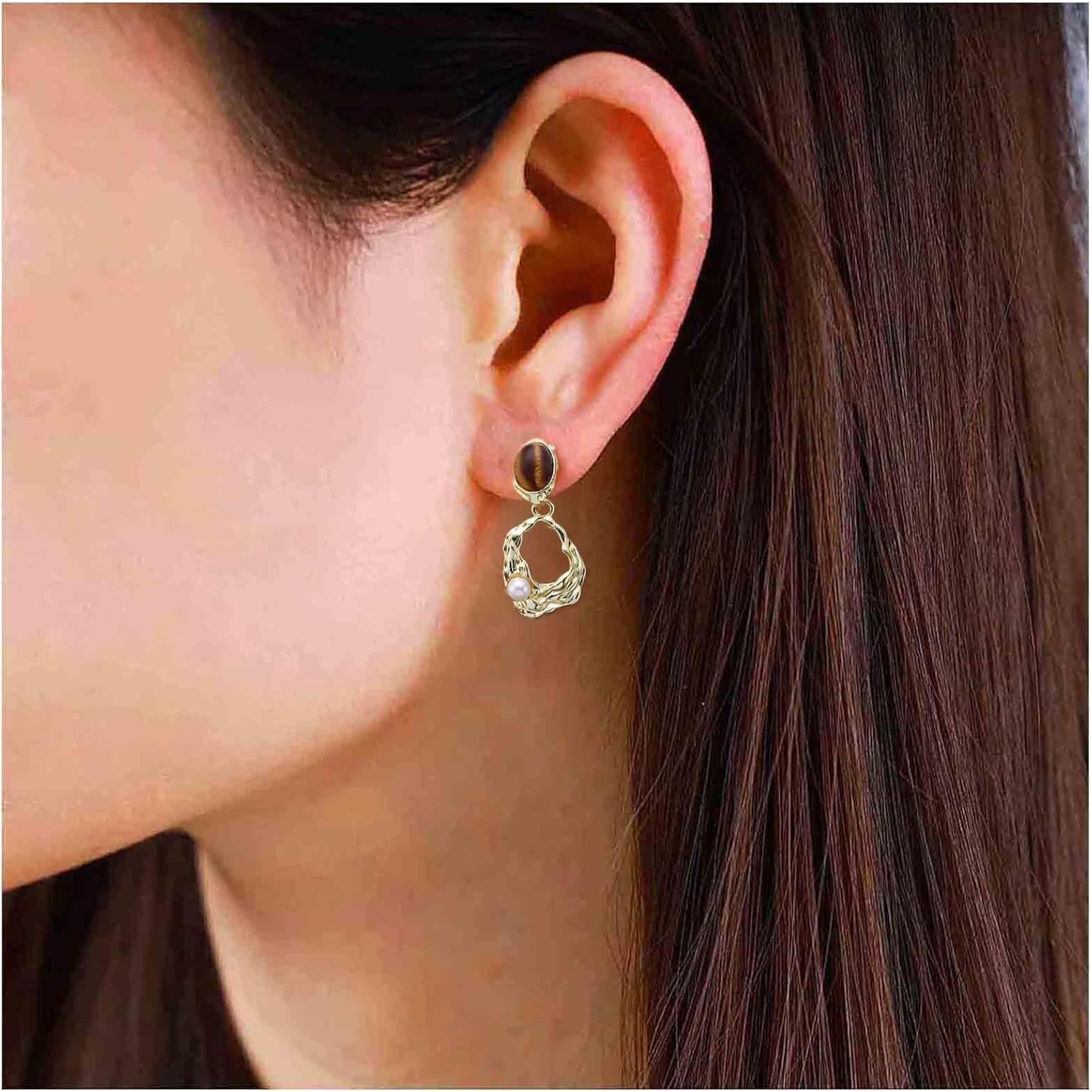 Vintage Oval Amber Stud Earrings Enamel Brown Earring Hammered Irregular Circle Dangle Earring Round Pearl Hoop Drop Earrings Jewelry for Women - Image 5