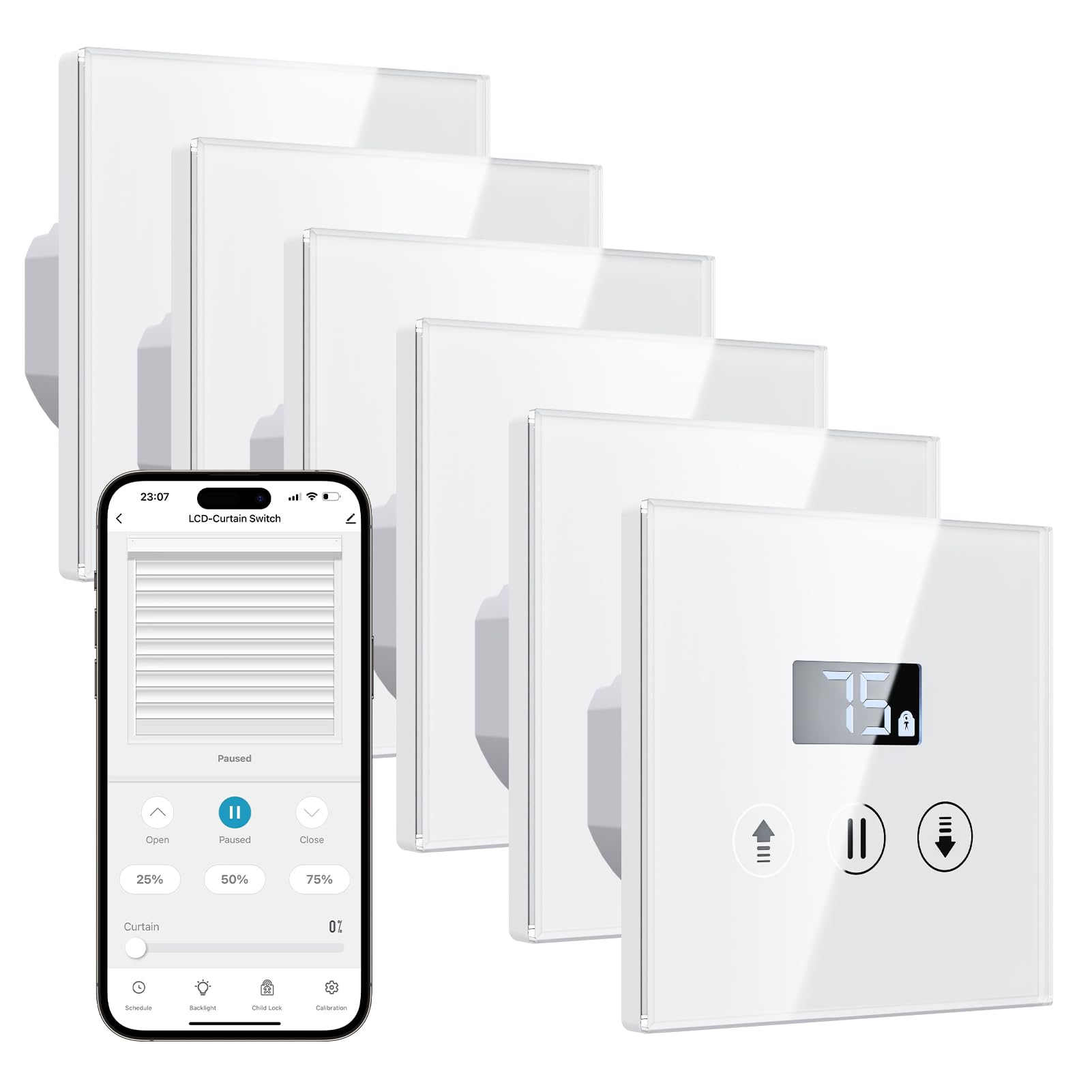 Allevoi 6 Pack Interrupteur Volet Roulant Connecté, 80x80 mm Interrupteur Intelligent Tactile Compatible avec Alexa/Google Home, Équipé un Écran LCD en Pourcentage, Facile Installation