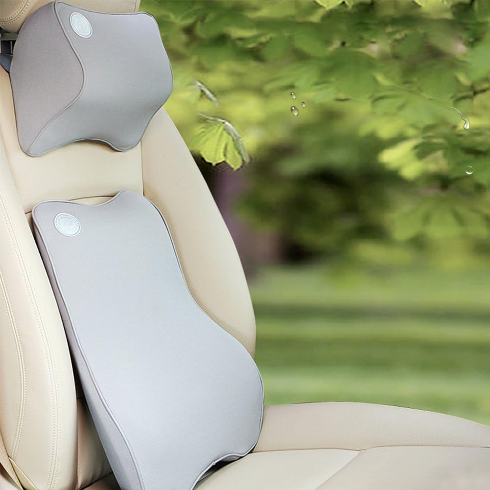 KASI Memory Foam Car Lumbar Cushion and Car Neck Pillow Kit for Lower Back Pain, White