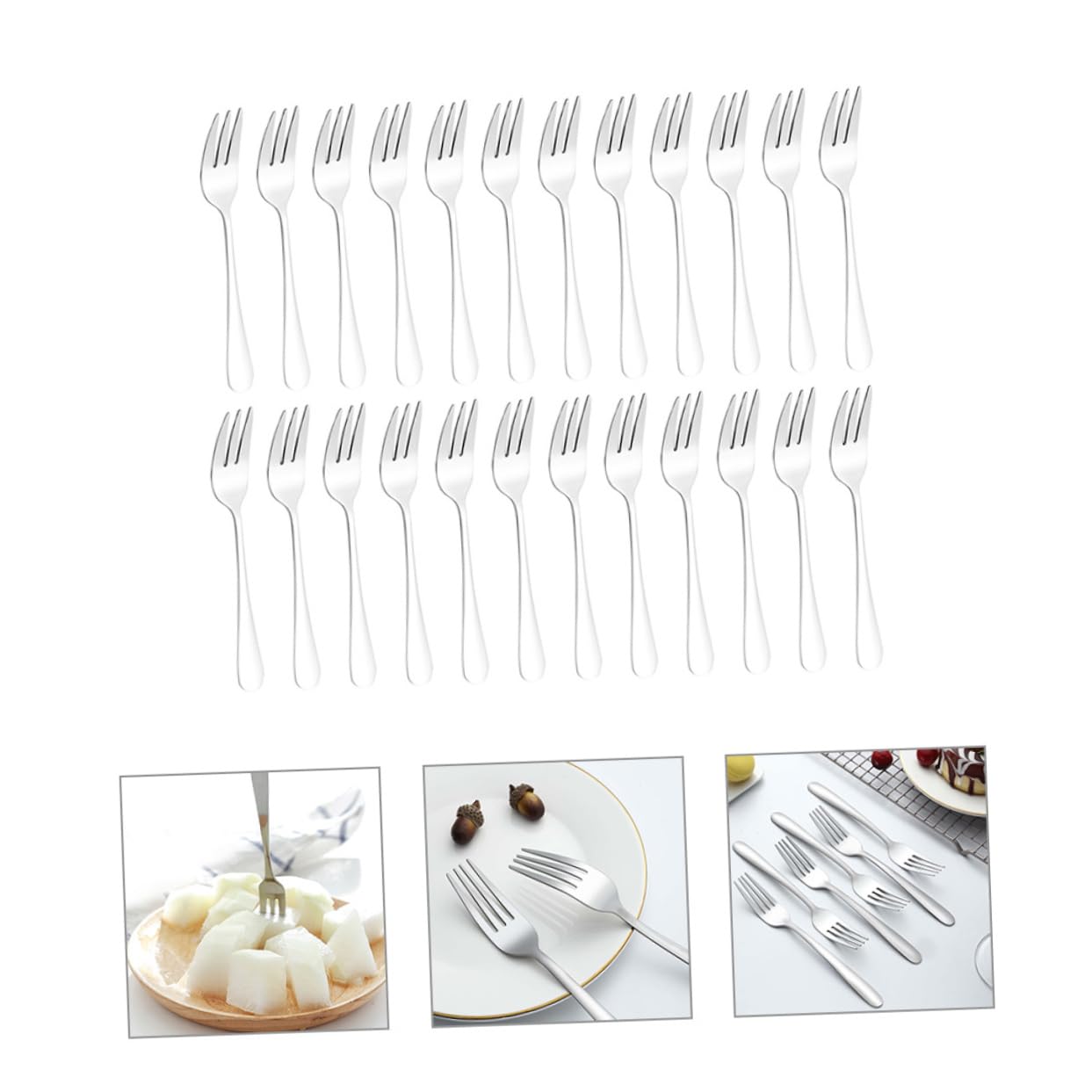 Tenedor de Postre de Acero Inoxidable, 24 Piezas, Plata | Juego Versátil y Cómodo, Formato Pequeño Portátil, Adecuado para Fruta y Mesa