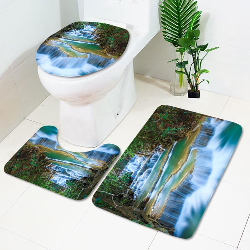 Badezimmerteppich Blaugrüner Wasserfall WC Vorleger mit Ausschnitt WC Deckelbezug 3 Teiliges WC Teppich rutschfeste Badgarnitur U förmiger Badematte Waschbar Bad Teppiche Set 45x75 cm