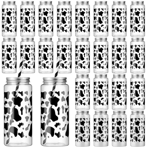 Chuangdi 24 Sets 14 oz Cow Theme Plastic Milk Bottles with Straws and Metal Lids 24 Plastic Bottles 25 Paper Straws Tumbler Reusable Jar Containers for Baby Shower Birthday Supplies(Black,cow)