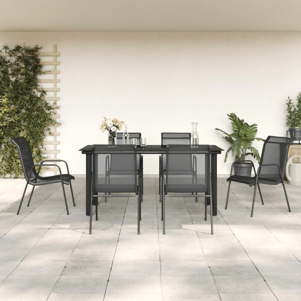 KCCKOM Garden Furniture Set 7 Piece Patio Dining Set Black Steel and Textilene