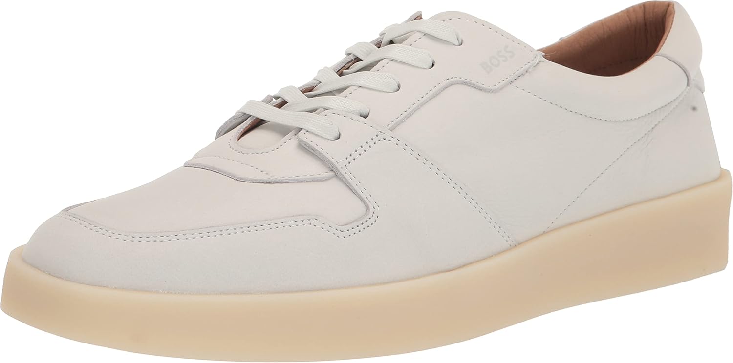 BOSS Men's Nuckbuck Leather Low Profile Sneakers, Bright Alabaster, 7