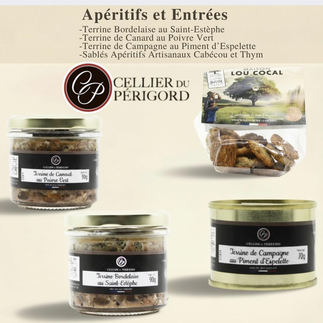 Cellier du Périgord Panier Gourmand Coffret Tariquet Vin IGP | Coffret Tariquet Classic vin blanc IGP Côtes de Gascogne 75cl + foie gras, terrines et douceurs du Périgord à offrir