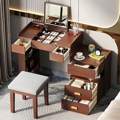 Polibi 3-in-1 Flip-Top Vanity Desk with LED Mirror - Adjustable Lighting Makeup Table, Writing Desk & Nightstand, Retractable Side Cabinet, 5 Storage Compartments, Includes Stool, Walnut