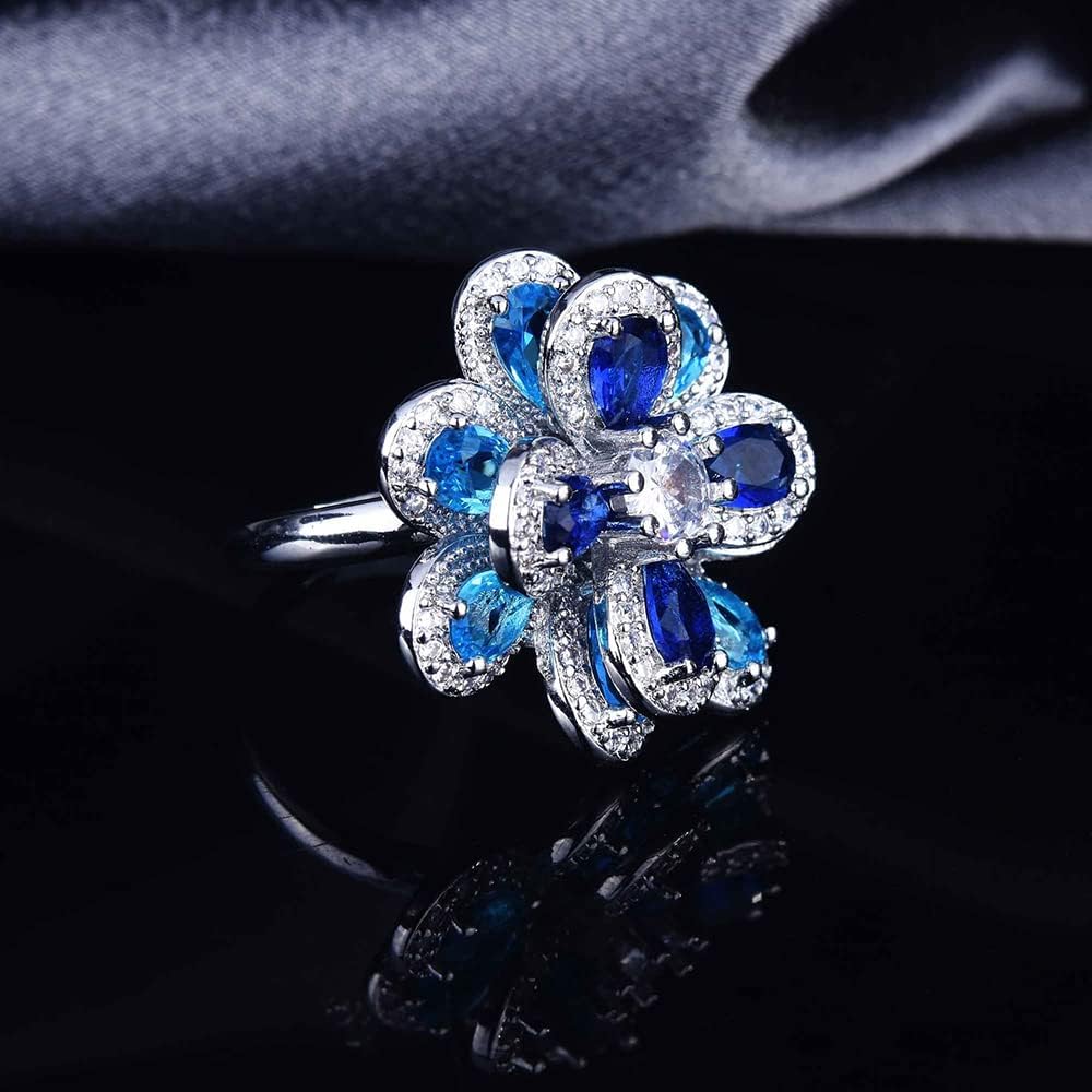 Exquisite Camellia Flower Open Statement Ring Cubic Zirconia Blue Crystal Blossom Adjustable Stacking Rings Wedding Promise Eternity Finger Bands Delicate Jewelry Gifts for Women Bridal - Image 3