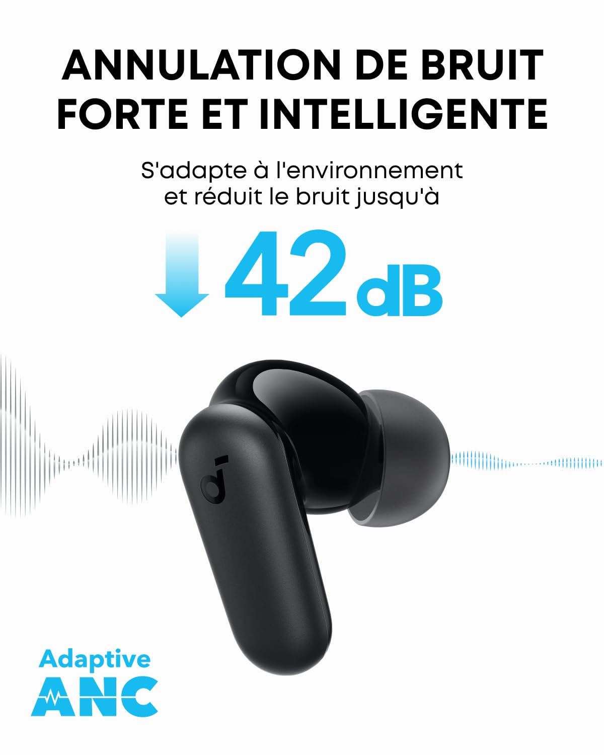 Soundcore Ecouteurs Bluetooth sans Fil P30i by Anker, Écouteurs sans Fil Reduction de Bruit Forte et Intelligente, Basses Puissantes, 45H d'autonomie, Étui 2-en-1 et Support pour téléphone, IP54