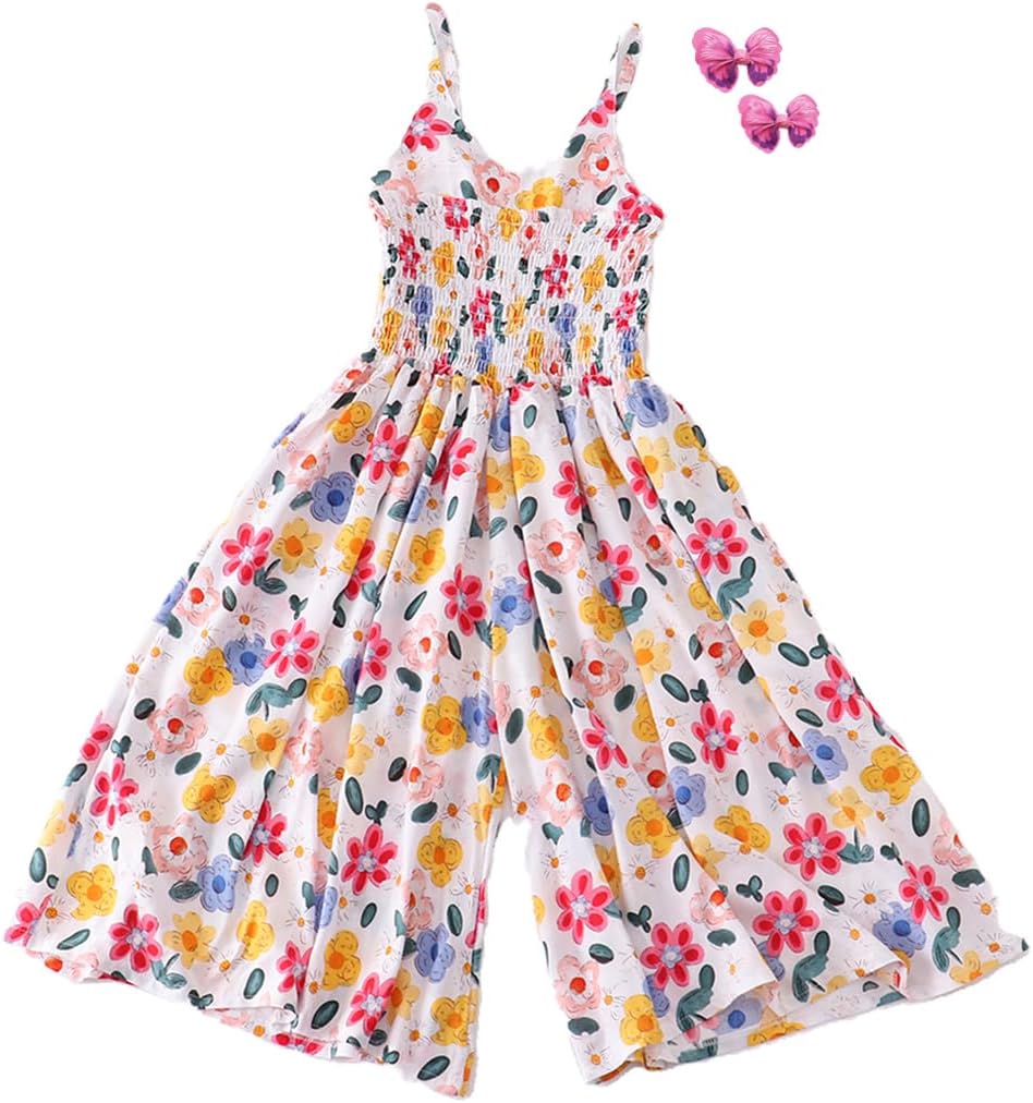 Girls Adjustable Strap Floral Beach Skirt Pants Ruffle Jumpsuit Bohemian Dress 4-11 Years