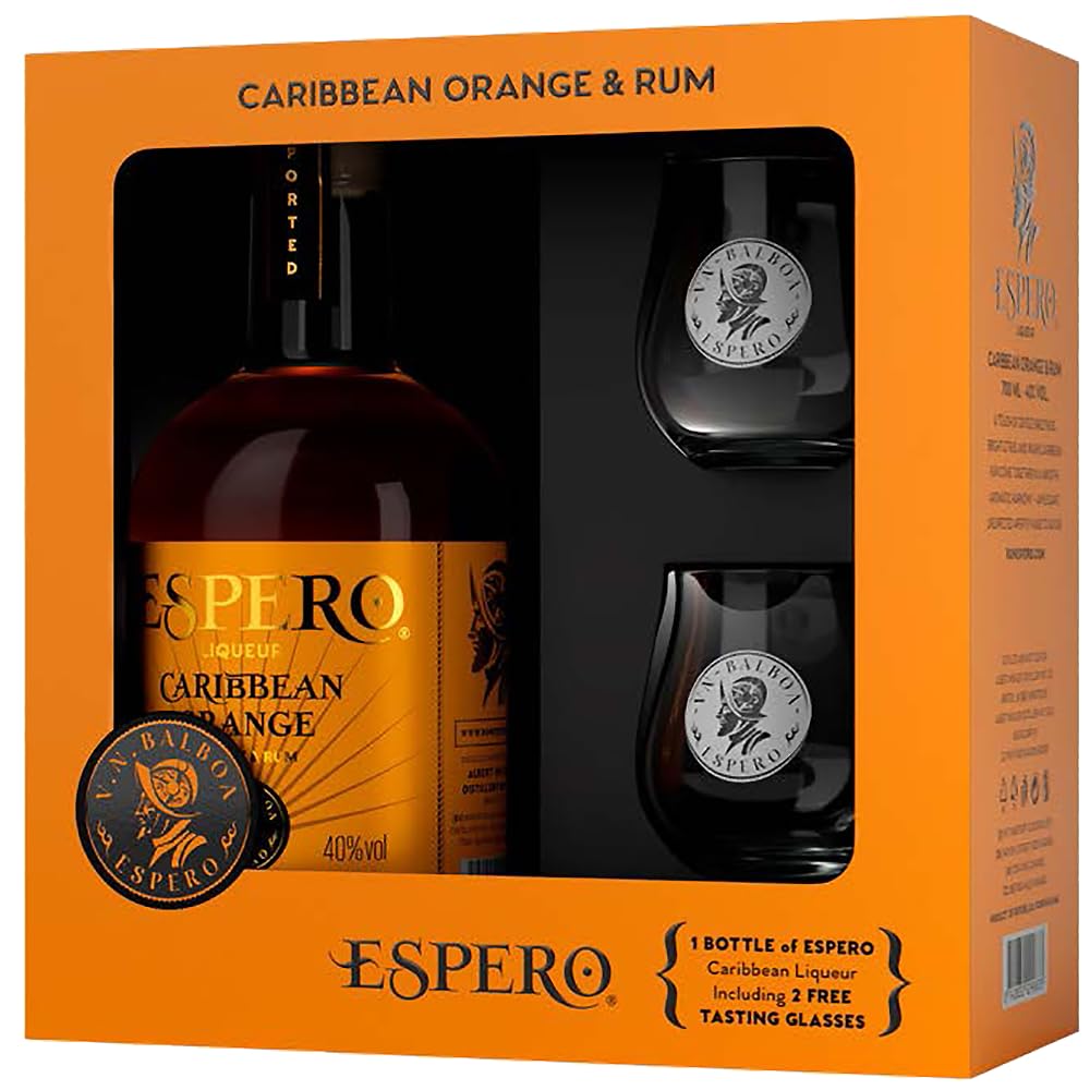 Vorratspack 3 x 0,7 l - Espero Caribbean Rum Geschenkset 3er Pack - Orange, Coconut & Banana Likoer Boxen - Exotisches Tasting Set inklusive insgesamt 6 Glaesern