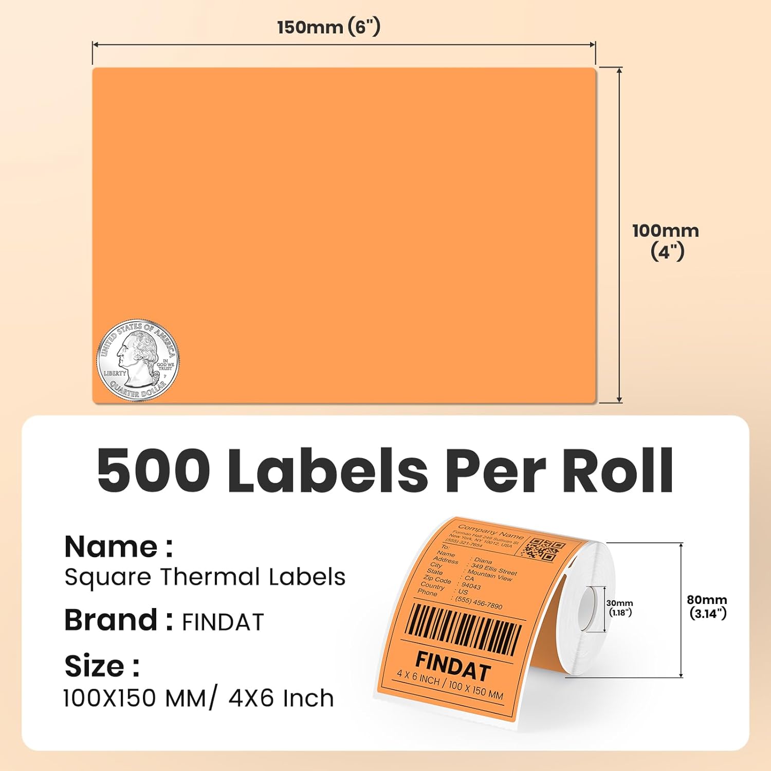 4''× 6'' Thermal Labels Orange Vinyl Direct Printer Shipping Label Roll Rectangle Waterproof Self-Adhesive Perforated Address Mailing Stickers for UPS Package Business Postage Barcode 250 PCS - Image 2