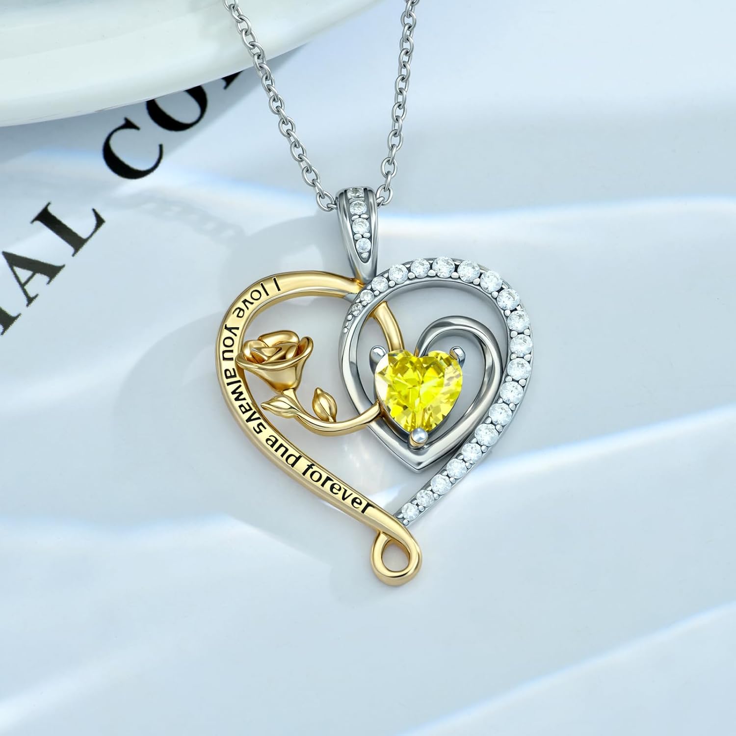 E Infinity Double Heart Birthstone Necklace 925 Sterling Silver Rose Flower Pendant Necklace, Birthday Anniversary Jewelry Gifts for Her Wife Mom Girlfriend Wife - Image 2