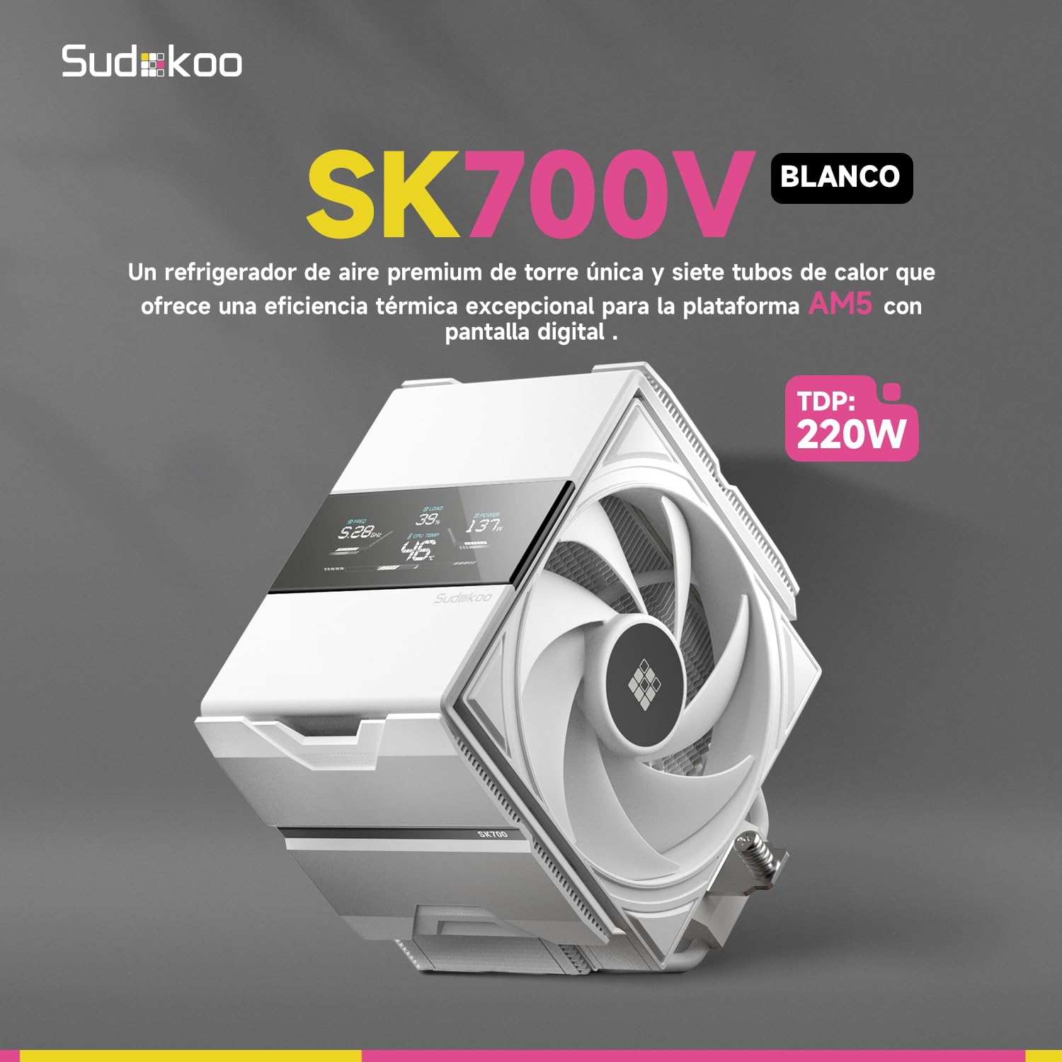 Sudokoo SK700V Blanco Disipador CPU AM5 : CPU Cooler con Pantalla Digital Exclusivo para AM5 - Ventilador CPU 120mm con 7 HeatPipes y Libertad RAM Total, 5 Años de Garantía, Blanco