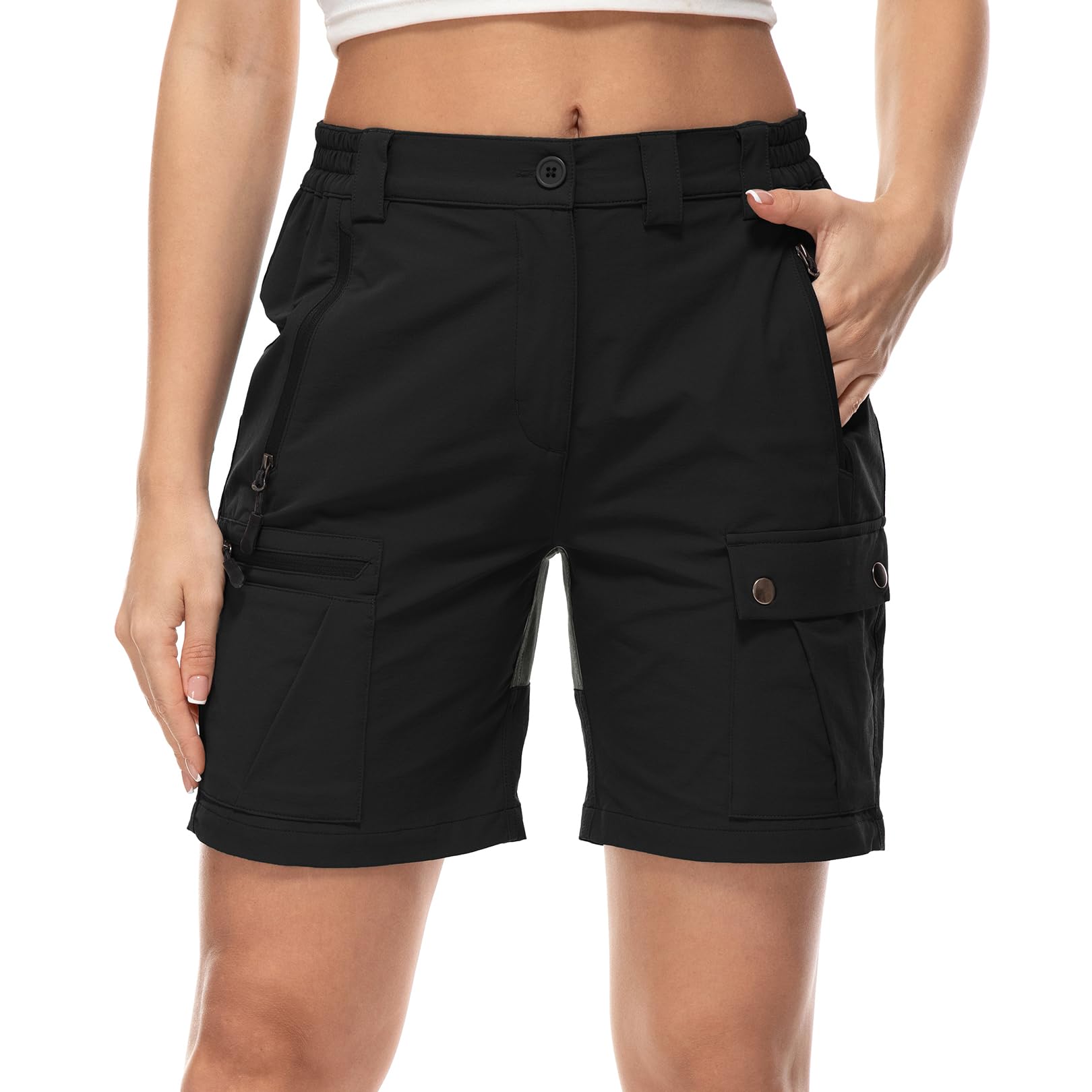 Jogwits Damen Hosen Kurze Sommer Shorts Cargo Hose Knielang Bequeme elastische leichte Schnelltrocken Outdoor Sporthose für Reisen und Wandern mit 4 Taschen