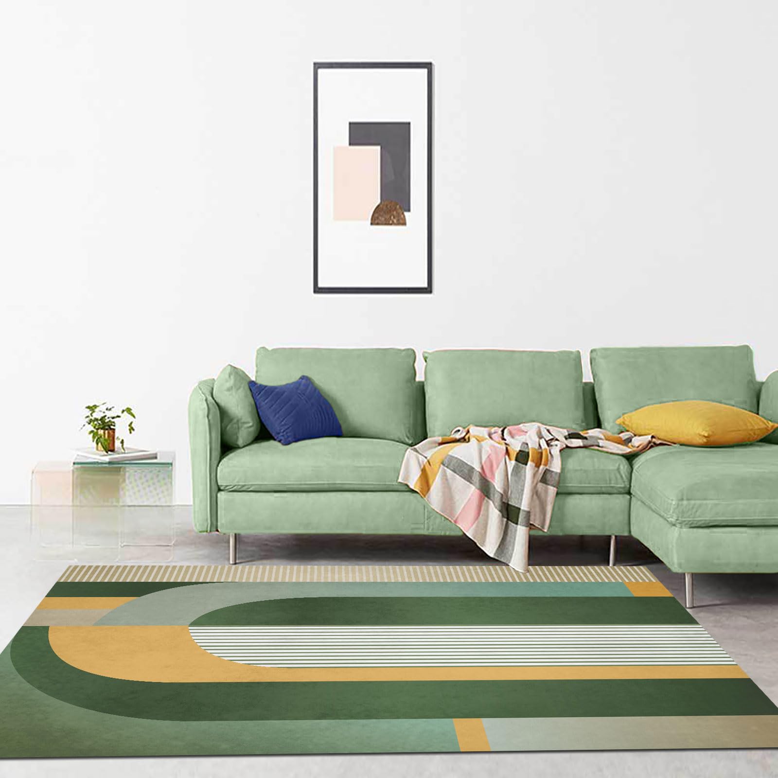 Tapis géométrique vert haut de gamme de 160x260 cm, l'élégance durable pour grand salon