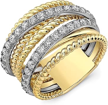 18K Yellow and White Gold Plated Two Tone Fashion Shiny Full Diamond Gemstone Ring Cubic Zirconia Rings CZ Diamond Multi Row Cross Ring Eternity Engagement Wedding Band Ring for Women ST.186 6