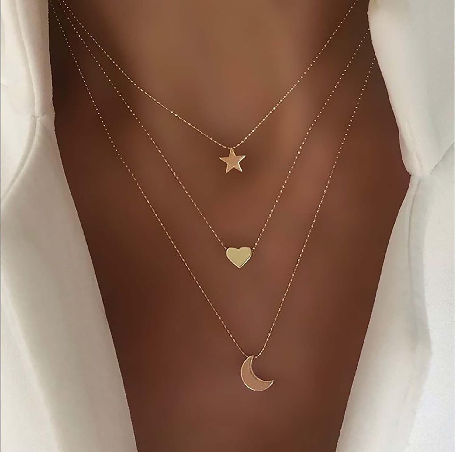 Vintage Layered Heart Necklace Choker Crescent Moon Pendant Necklace Small Star Collar Necklace Multilayer Tiny Round Ball Beaded Chain Necklace Jewelry for Women - Image 2