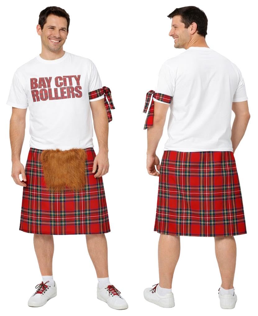 Adults Bay City Rollers 1970s Rock & Pop Fancy Dress [S-M Kilt & Small Unisex T-Shirt]