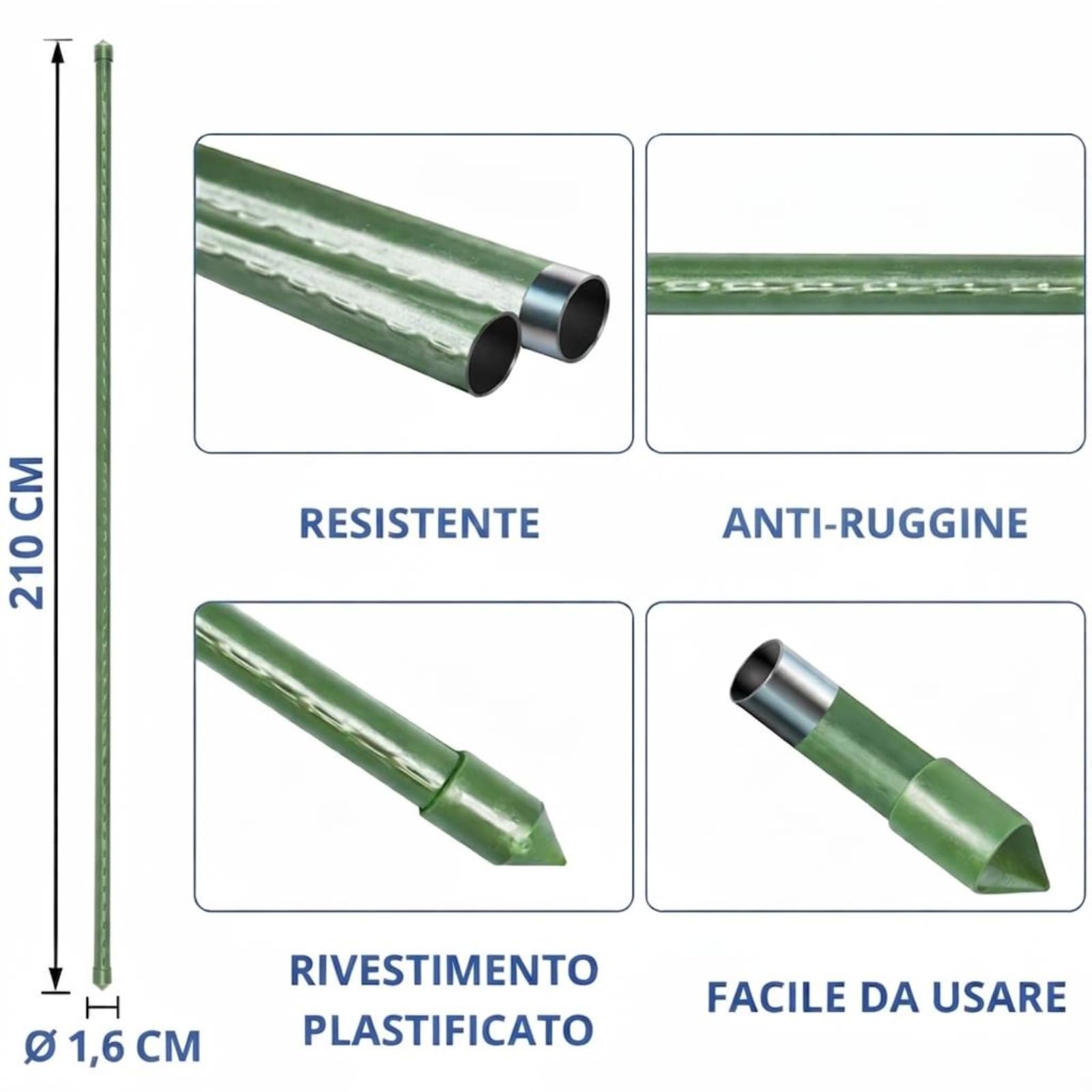 25PZ Cannette in Metallo Plasticato ø16 mm h. mt 2,10 Tutore in Metallo Rivestito in Plastica, Canne Reggi Piante a Superficie Zigrinata Idelae per Orti, Serre, Vivai, Giardini Ancoraggio