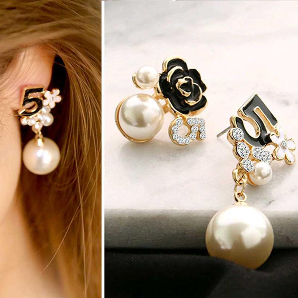 Faux Imitation Pearl White Black Floral Dangle Drop Earrings Studs for Women