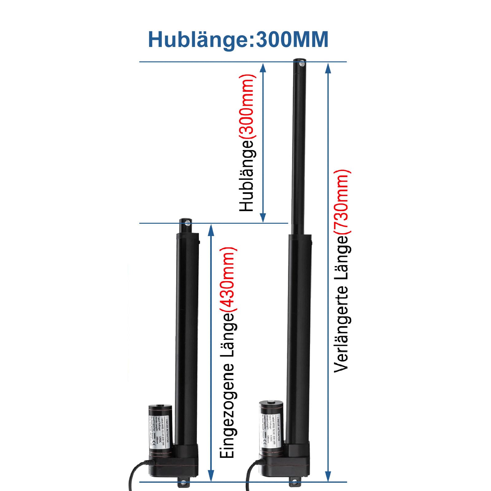 300mm Hub 3000N IP65 Wasserdicht Linearantrieb 24V Linear Actuator Linearmotor 5mm/s Mit Montagebügeln für Lift Coop Tür,Schrank, Fensteröffner, Türöffner, Home Automation