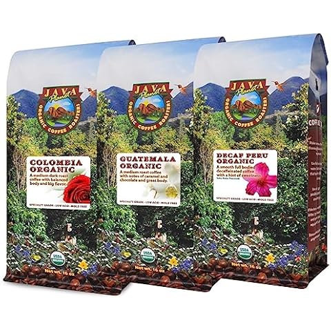 Java Planet, Organic Coffee Beans, Low Acid Set -Colombia, Guatemala & Decaf Peru Cover
