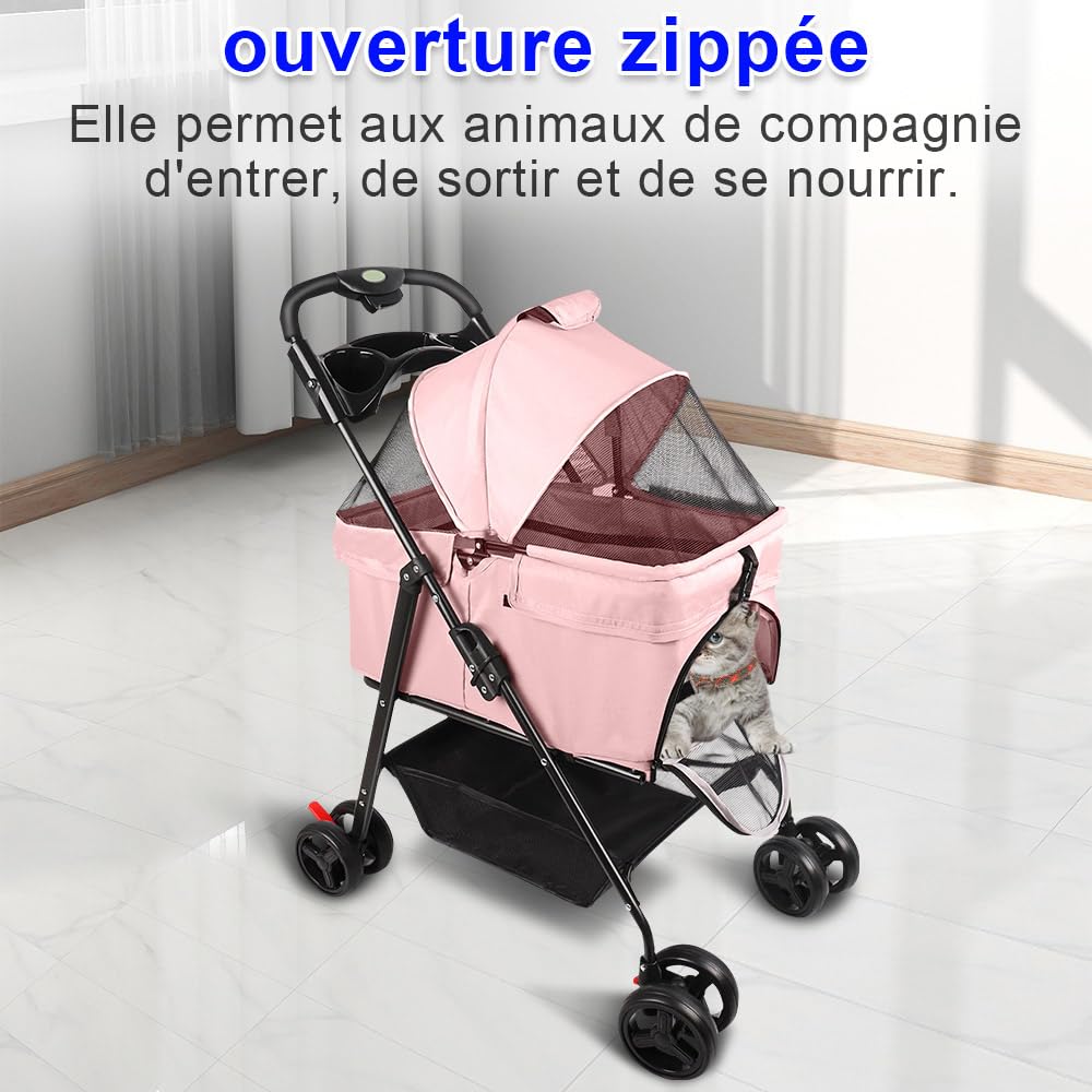 OHMG 3 in 1 Buggy faltbar Hund Katze Aufbewahrungskorb Getränkehalter Stoff 600D Oxford wasserdicht 4 Räder verschleißfest 360° Fenster aus Netz, Getränkehalter