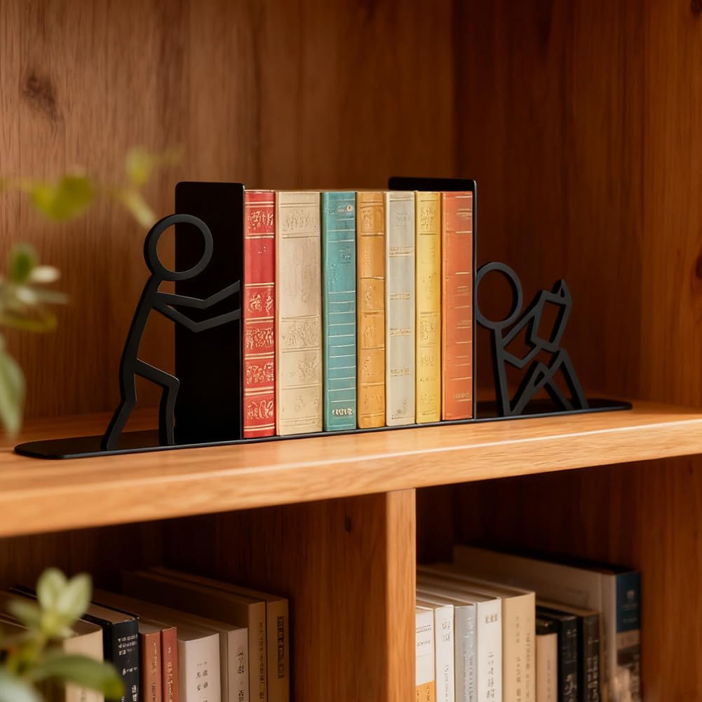 Book Ends 2-Pack, Person-Shaped Bookends for Shelves, Durable Metal Book Accessories, Desk Organizers for Books as Home Office Decor, Unique Gift for Bookworms (Black) - Image 4