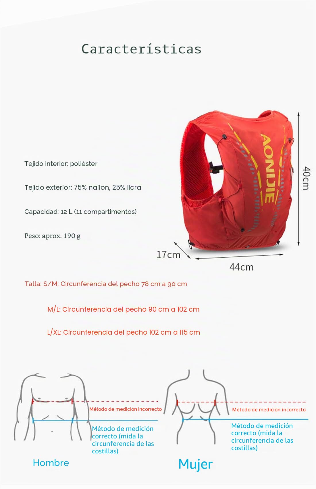 AONIJIE 12L Profesional Ligero Mochila de hidratación Superior Chaleco para Trail Running Ciclismo Marathoner para Hombre Mujer