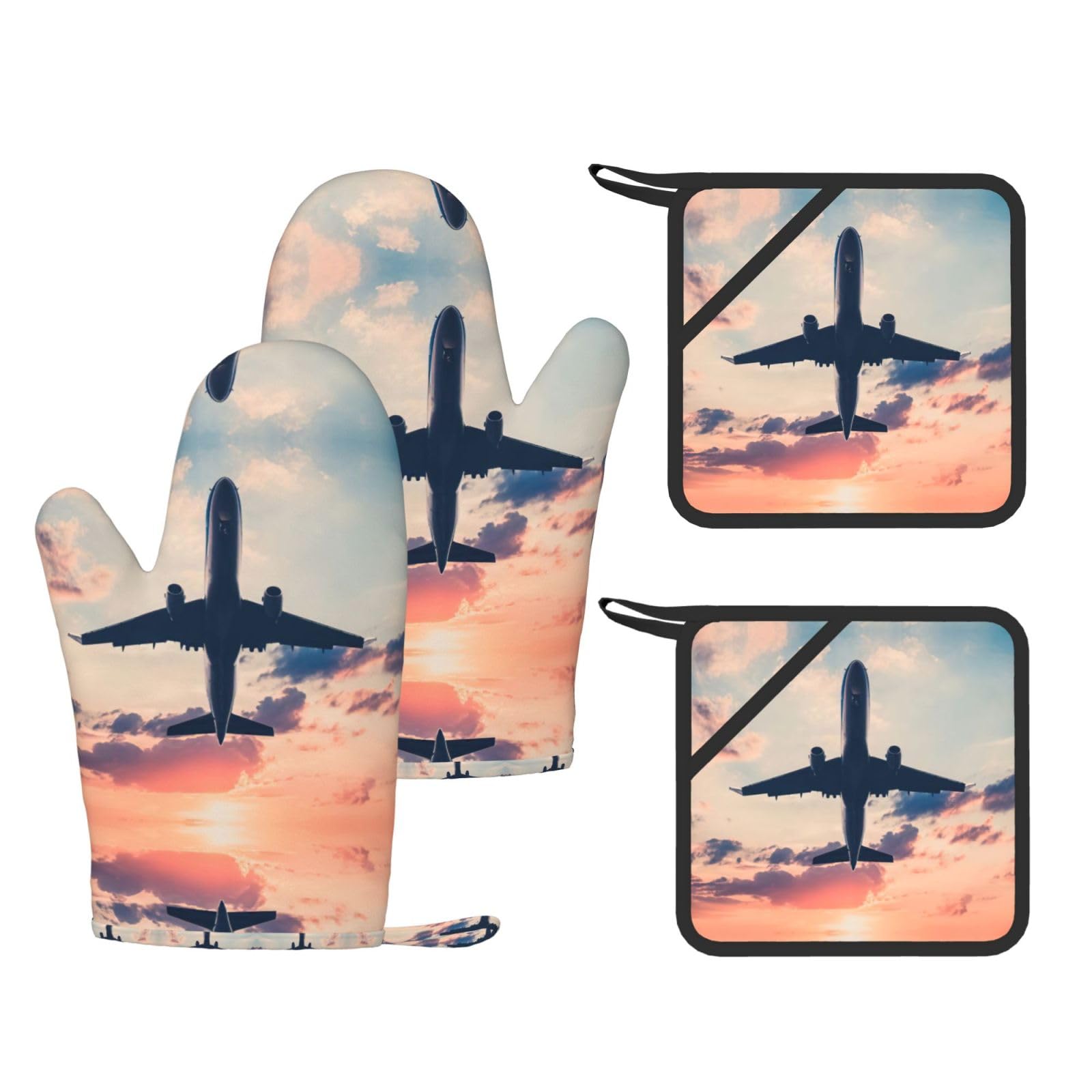 Airplane Sunset Sky Trendy Printed Kitchen Set with Heat Resistant Gloves & Non-Slip Hot Pads for Baking & Grilling