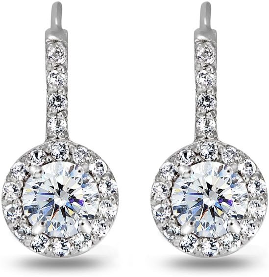 Sterling Silver Round Dainty Halo Leverback Earrings Made with AAA Cubic Zirconia