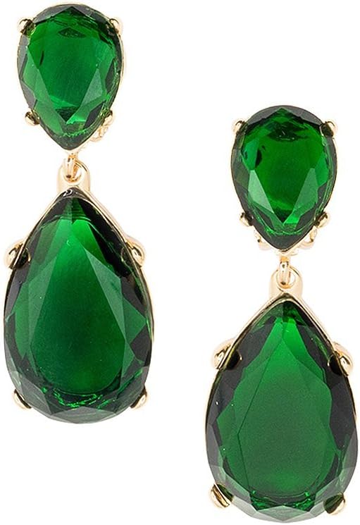 Kenneth Jay Lane Green Color Crystal Double Teardrop Statement Pierced Earrings