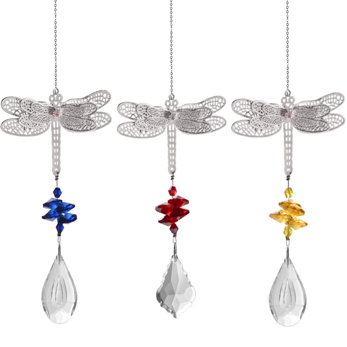 Crystal Ball Prisms Rainbow Suncatcher 3D Metal Dragonfly Pendant Home Decor with Blue Red Yellow Bead(Pack of 3)