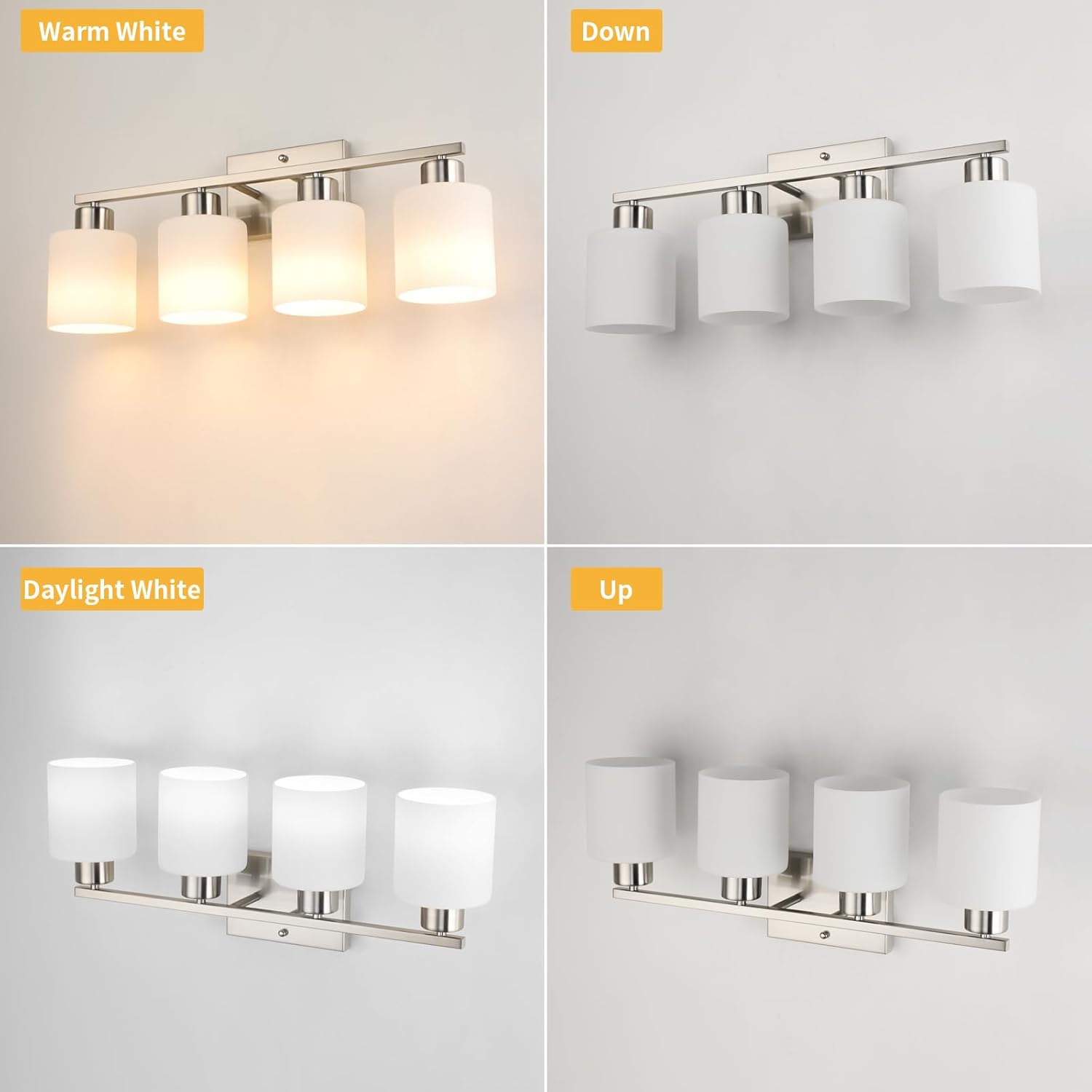 WILON 4-Light Bathroom Vanity Light, Brushed Nickel Bathroom Light, Modern Lighting Fixtures Over Mirror, Wall Lamps with E26 Base, Vanity Lights for Kitchen Living Room Hallway Cabinet Porch