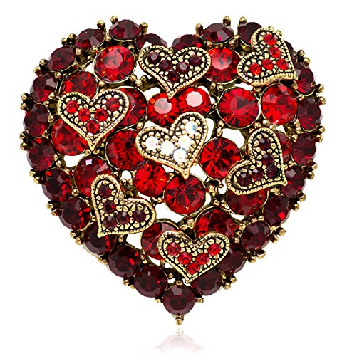 Akianna Antique Gold-Tone Swarovski Element Crystals Valentine Hearts On Heart Pin Brooch #TOP9