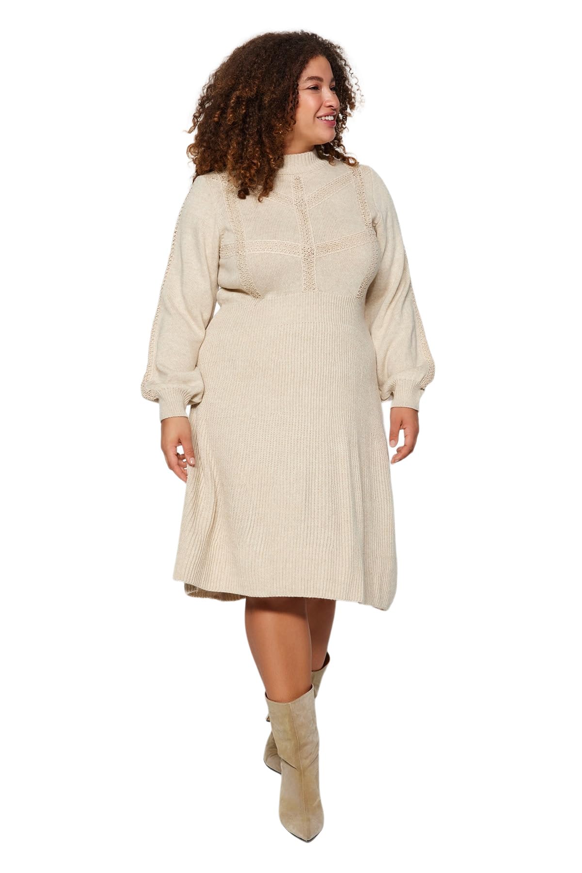 Trendyol Collection Damen Beige Gestricktes, Detailliertes Cord-Strickkleid In Übergröße Und Umstandsstrickkleid Für - 4XL