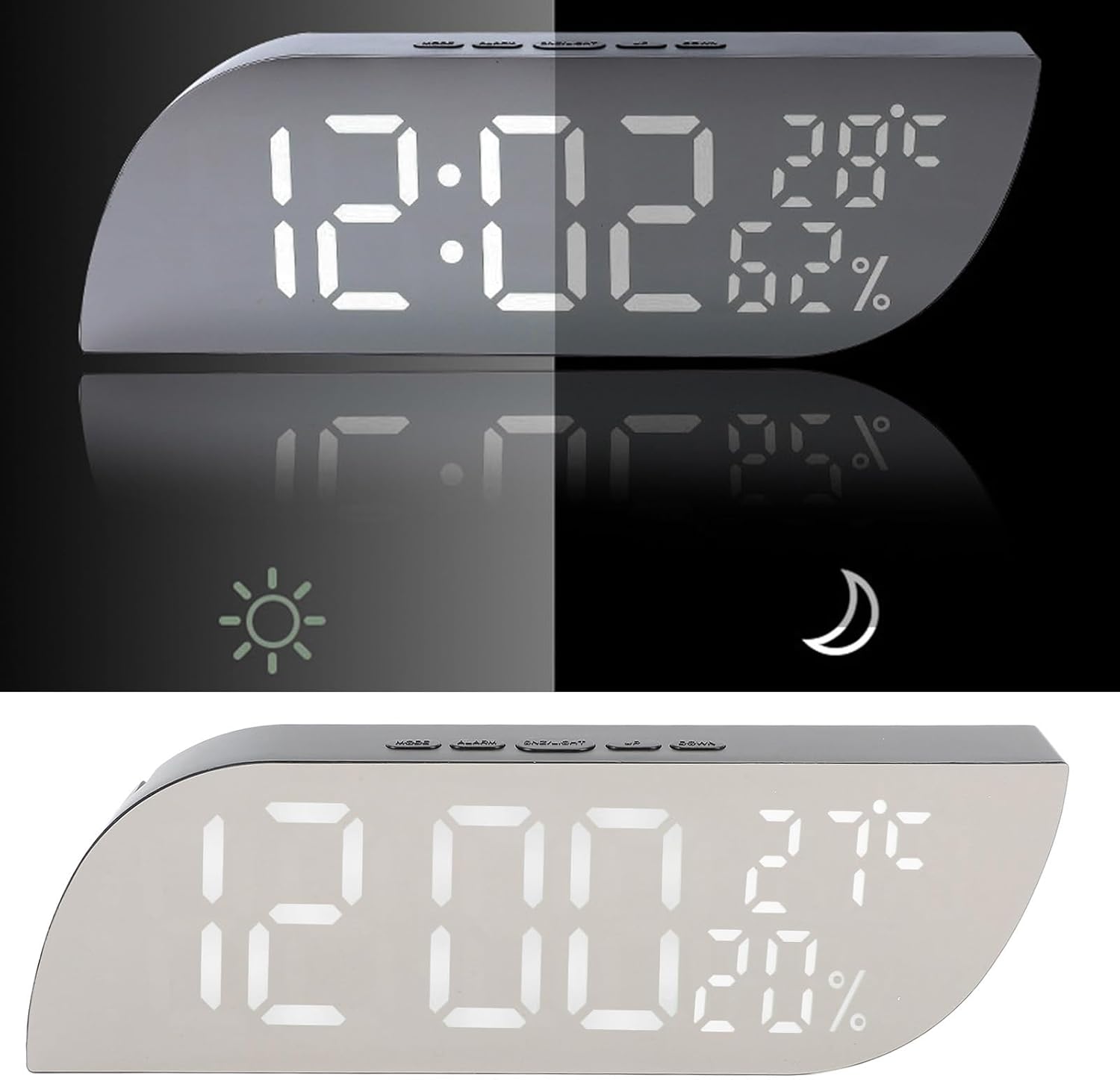 Digital Mirror Alarm Clock showing brightness levels for day and night