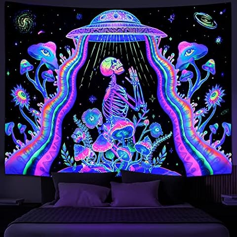 Galoker Blacklight Skeleton Tapestry Fantasy Plant Floral Tapestry UV Reactive Alien UFO Tapestry Galaxy Space Tapestry Wall Hanging for Home Decor(H59.1×W78.7 inches) Cover