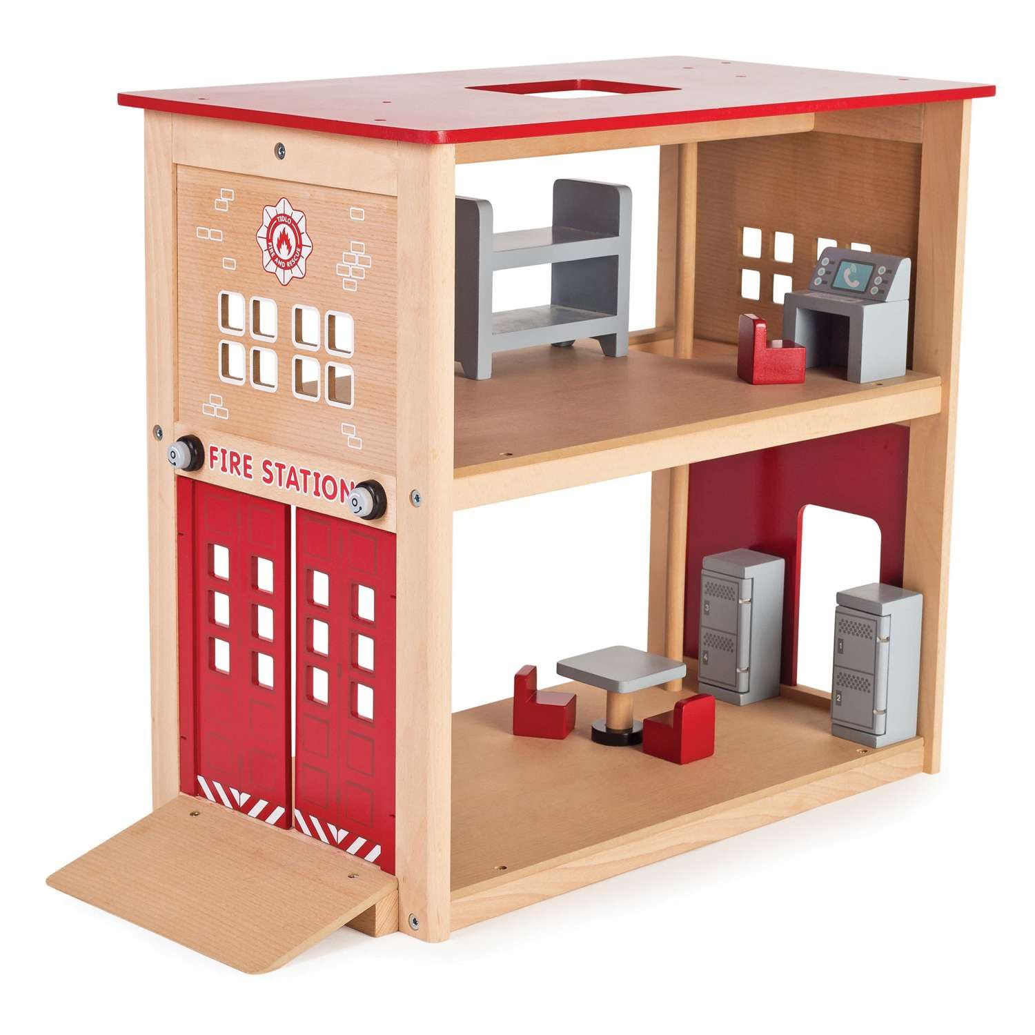 Tidlo Wooden Fire Station Playset - Imaginative Play Toy for Kids