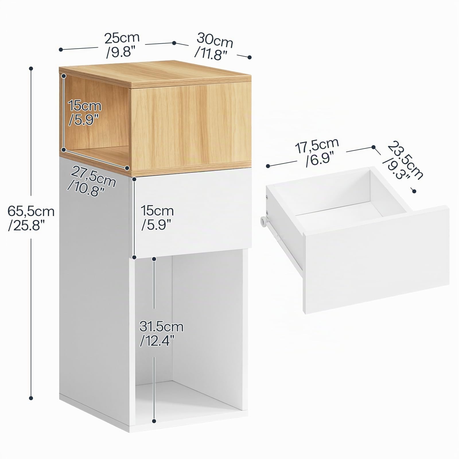 HOOBRO Mesita de Noche Estrecha con 1 Cajón y 2 Compartimentos Abiertos, Mesa Auxiliar Pequeña, Mesa Lateral para Sofá, para Dormitorio, Salón, Blanco y Natural EWN196BZ01