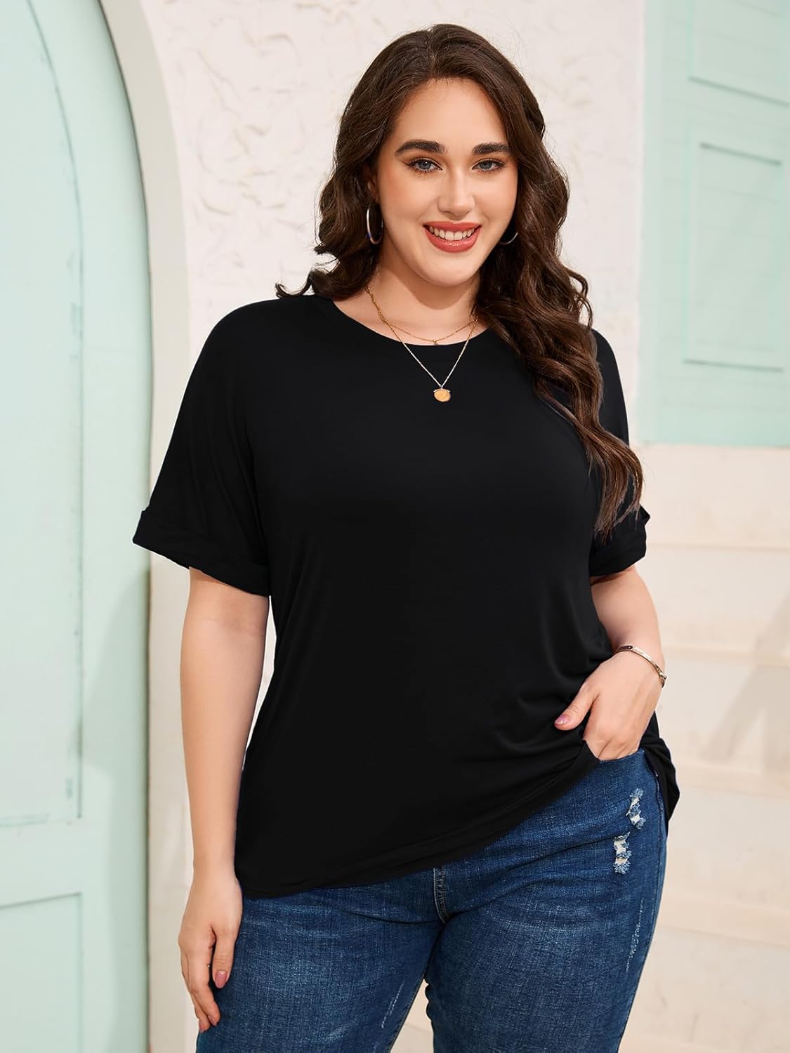 LARACE Plus Size Tunic Tops for Womens Summer Shirts Roll Up Short Sleeves Blouses Loose Fit Tee Shirts Womens Casual Tops - Image 2