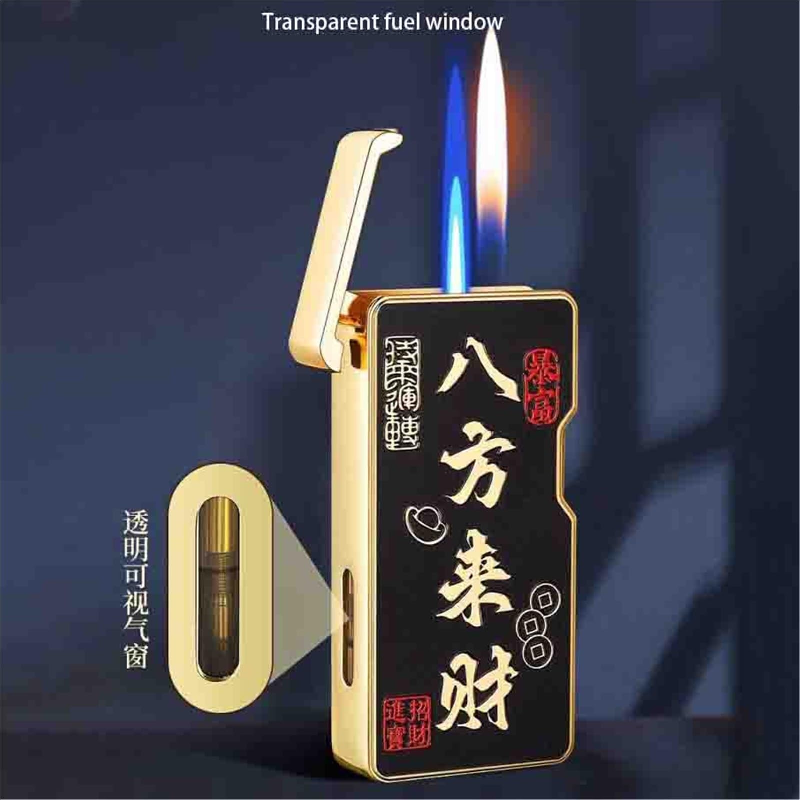 Encendedor de butano, llama doble, diseño de metal portátil, tamaño de llama ajustable, recargable con gas butano, ideal para uso en exteriores, camping y barbacoa